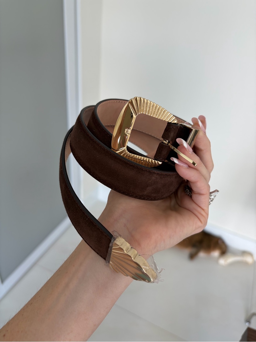 Dark Brown Suede Belt with Sculpted Gold Buckle
